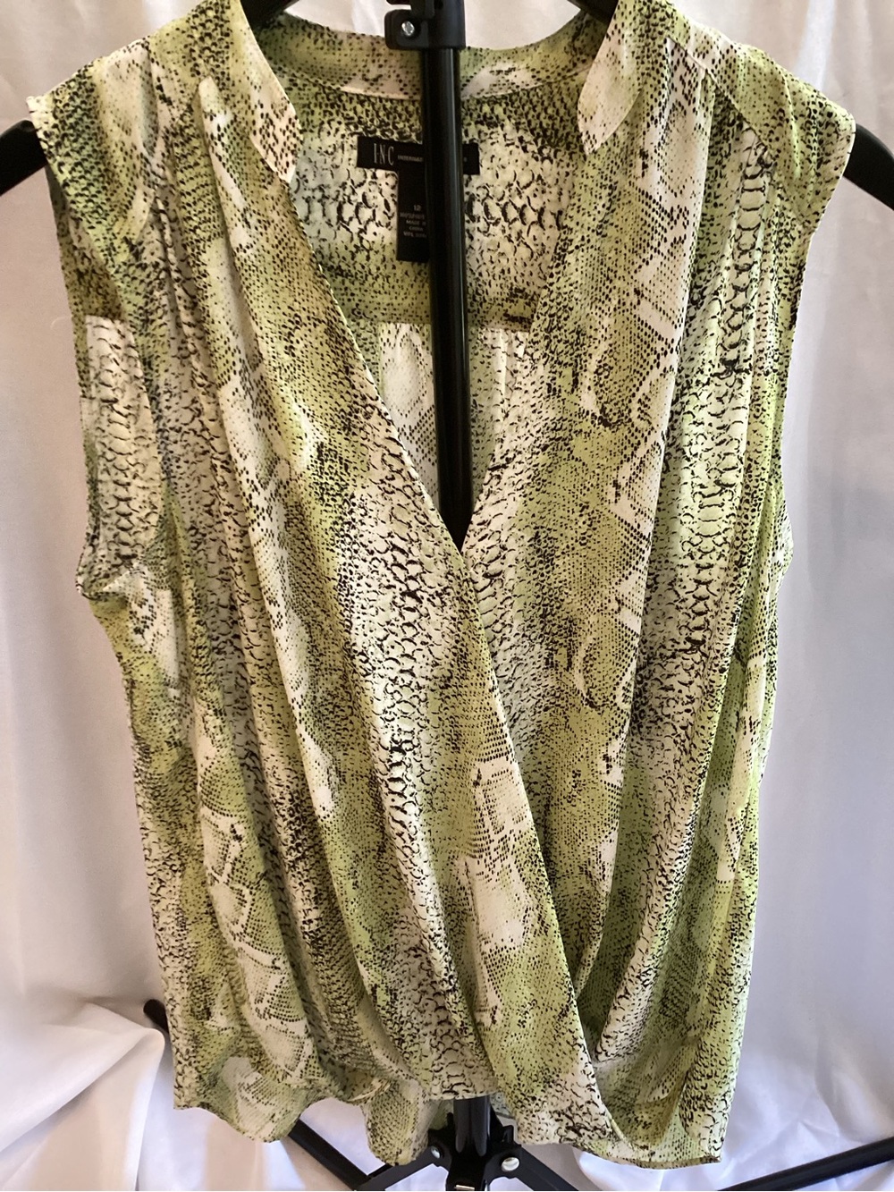 INC International Concepts Green and Cream Snake-Print Sleeveless Wrap Top
